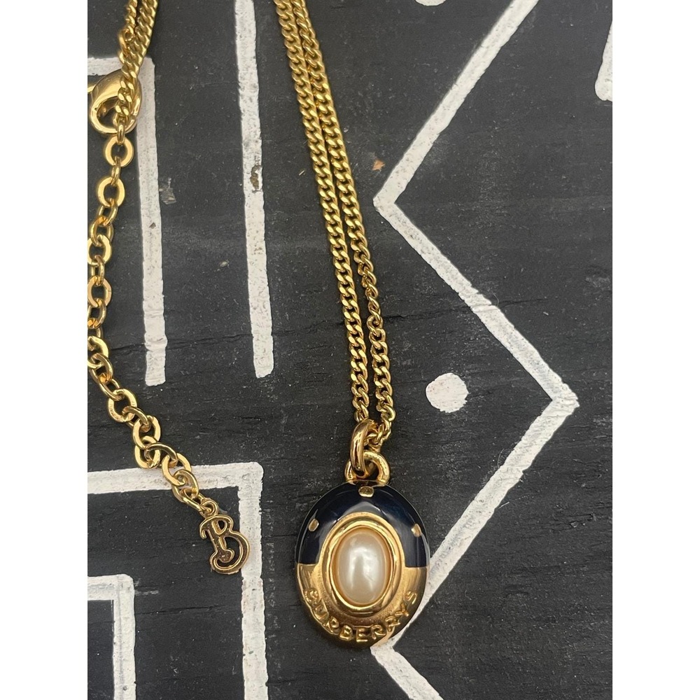 Vintage Burberrys Navy Enamel & Faux Pearl Pendant Necklace Gold Tone Designer